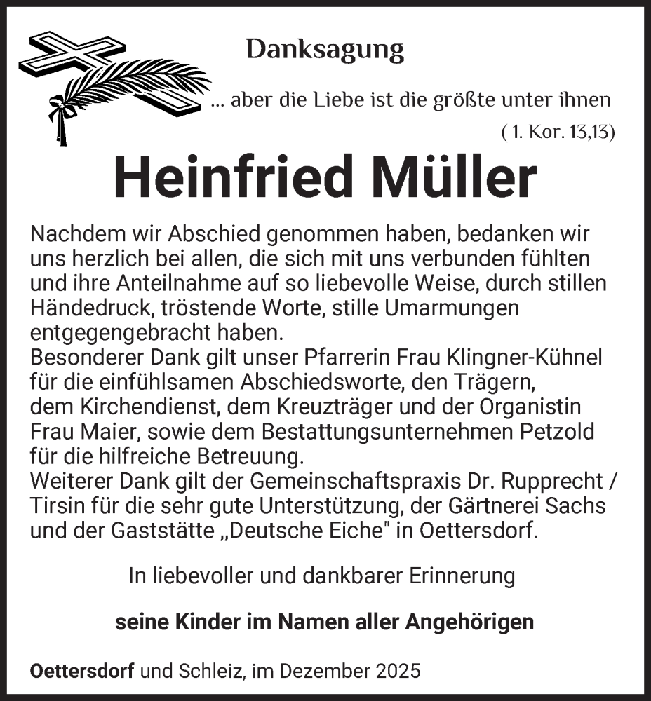  Traueranzeige für Heinfried Müller vom 13.12.2025 aus Ostthüringer Zeitung