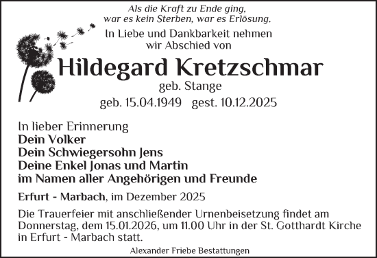 Traueranzeige von Hildegard Kretzschmar von Thüringer Allgemeine, Thüringische Landeszeitung