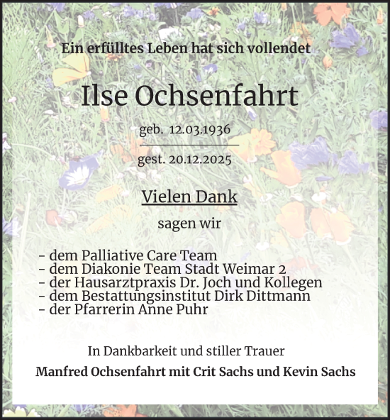 Traueranzeige von Ilse Ochsenfahrt von Thüringer Allgemeine, Thüringische Landeszeitung
