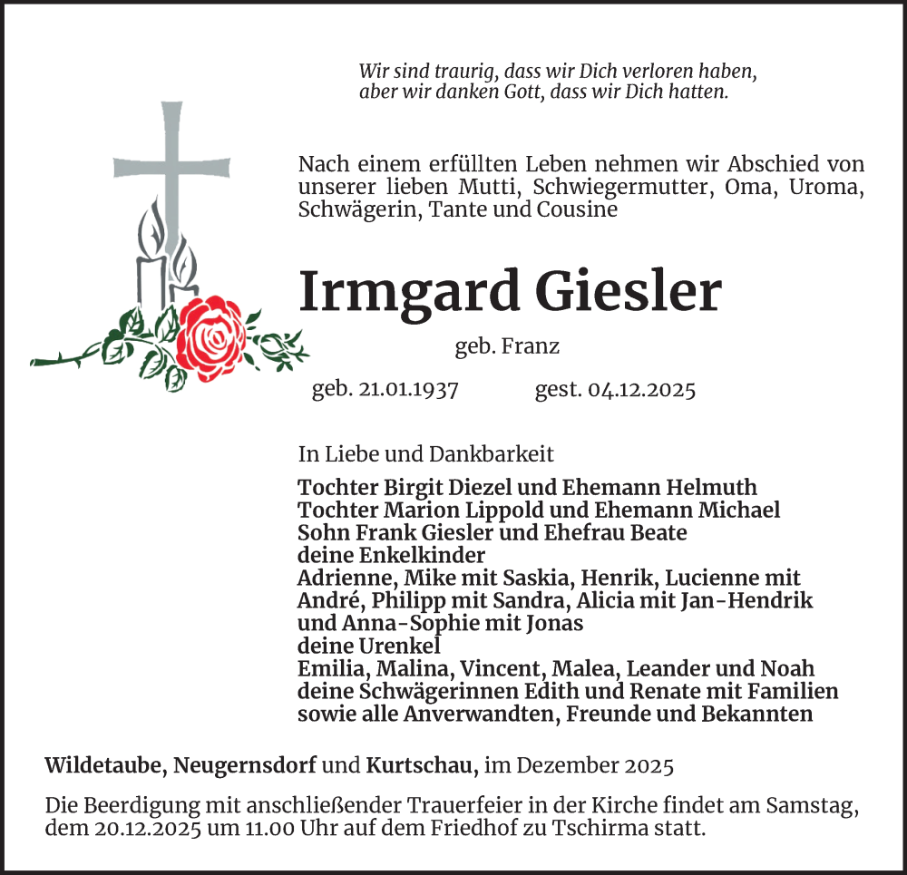  Traueranzeige für Irmgard Giesler vom 12.12.2025 aus Ostthüringer Zeitung