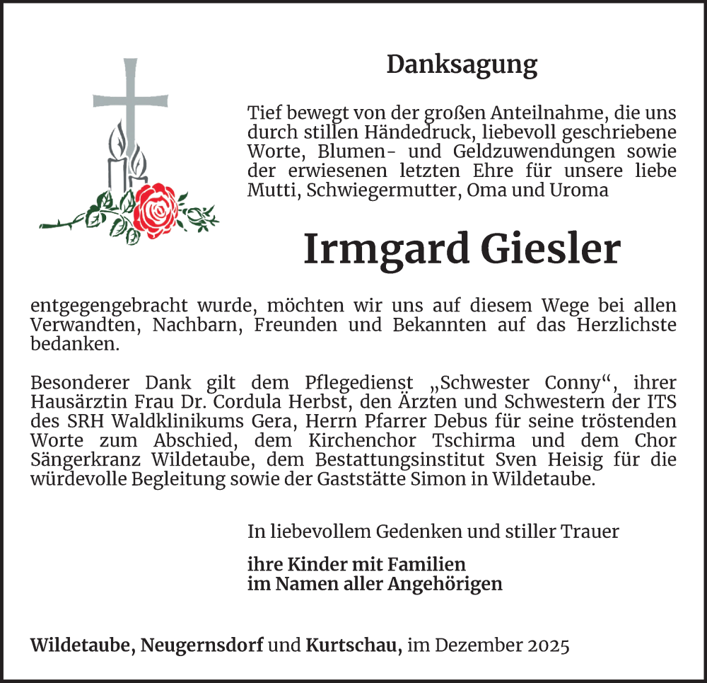  Traueranzeige für Irmgard Giesler vom 27.12.2025 aus Ostthüringer Zeitung