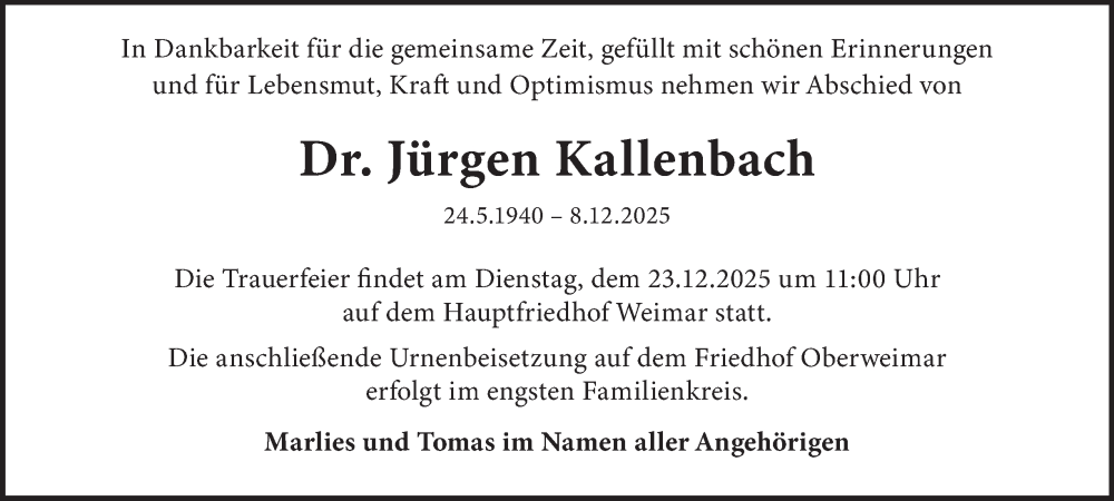  Traueranzeige für Jürgen Kallenbach vom 13.12.2025 aus Thüringer Allgemeine, Thüringische Landeszeitung