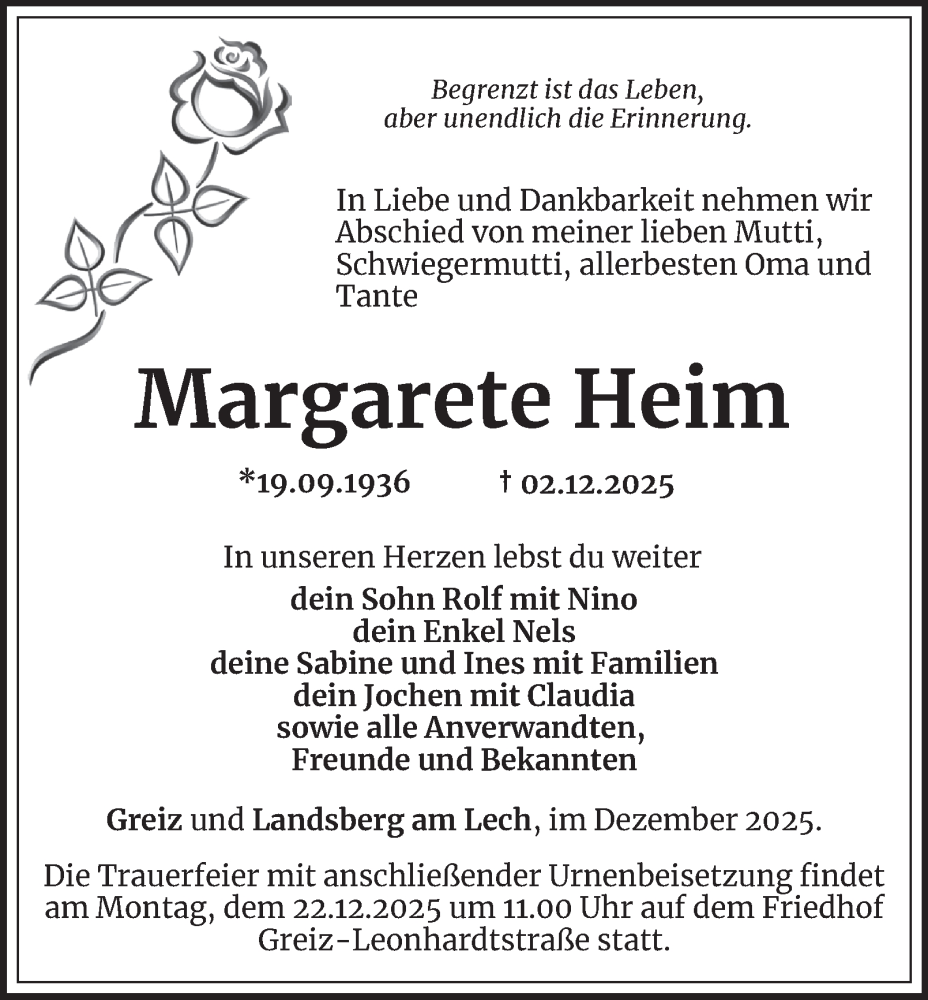  Traueranzeige für Margarete Heim vom 12.12.2025 aus Ostthüringer Zeitung