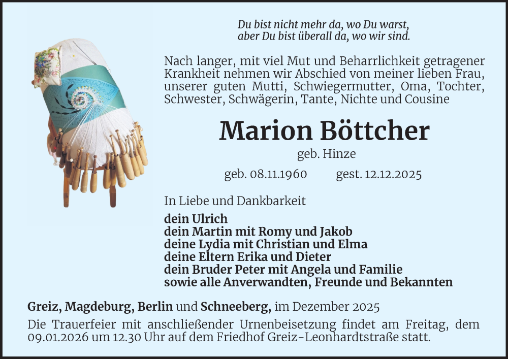  Traueranzeige für Marion Böttcher vom 19.12.2025 aus Ostthüringer Zeitung