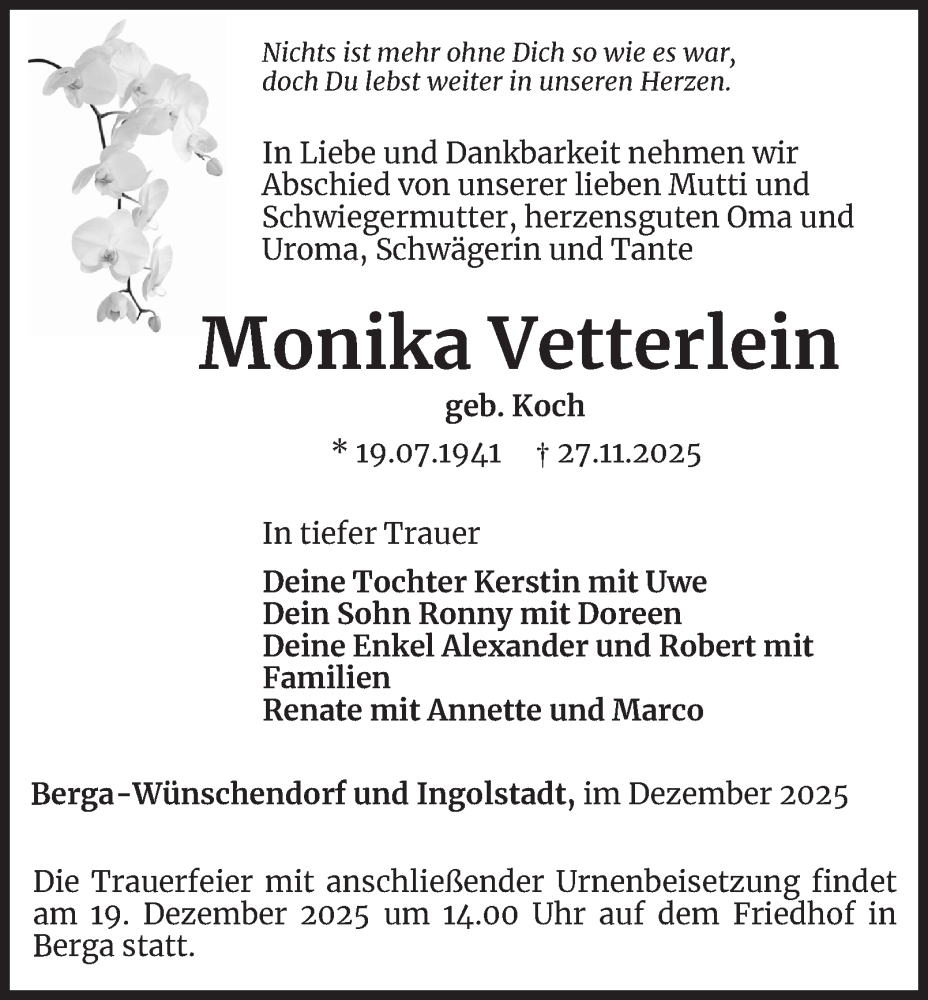  Traueranzeige für Monika Vetterlein vom 06.12.2025 aus Ostthüringer Zeitung