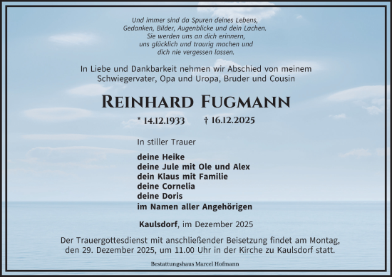 Traueranzeige von Reinhard Fugmann von Ostthüringer Zeitung