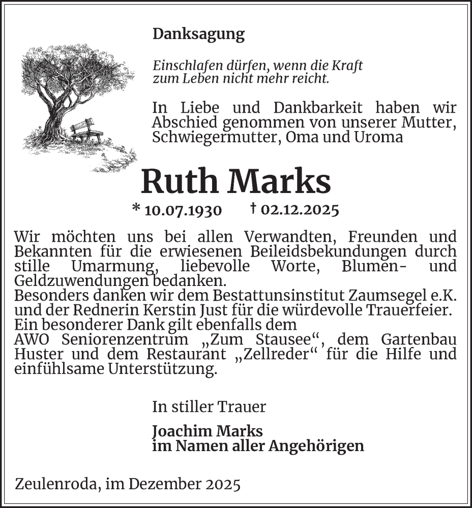  Traueranzeige für Ruth Marks vom 27.12.2025 aus Ostthüringer Zeitung