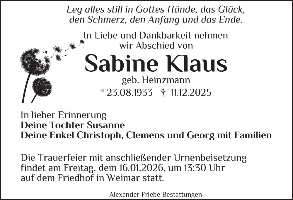  Traueranzeige für Sabine Klaus vom 20.12.2025 aus Ostthüringer Zeitung, Thüringische Landeszeitung