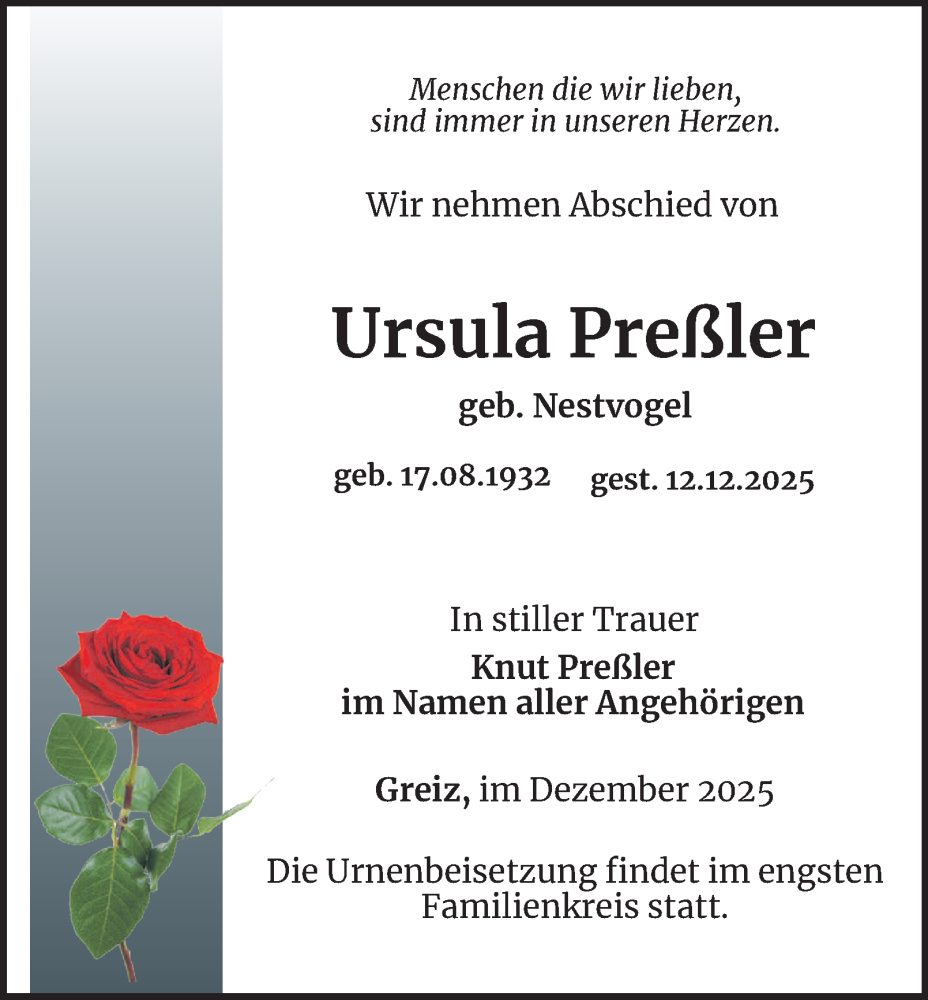  Traueranzeige für Ursula Preßler vom 19.12.2025 aus Ostthüringer Zeitung