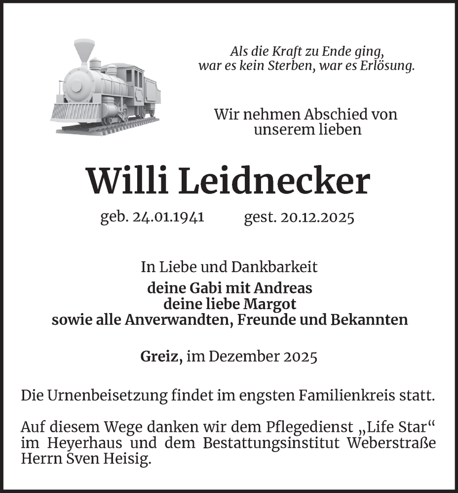  Traueranzeige für Willi Leidnecker vom 27.12.2025 aus Ostthüringer Zeitung