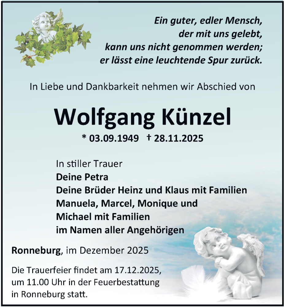  Traueranzeige für Wolfgang Künzel vom 06.12.2025 aus Ostthüringer Zeitung