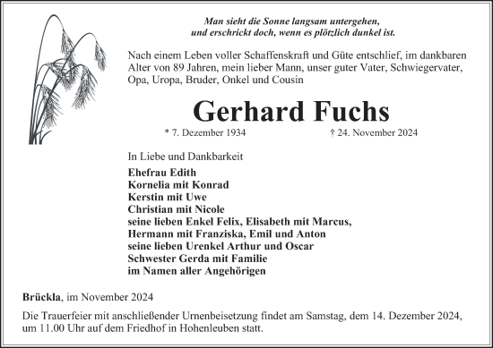 Traueranzeige von Gerhard Fuchs von Thüringer Allgemeine