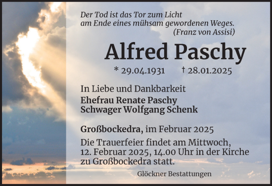 Traueranzeige von Alfred Paschy von Ostthüringer Zeitung