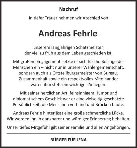 Traueranzeige von Andreas Fehrle von Ostthüringer Zeitung, Thüringische Landeszeitung