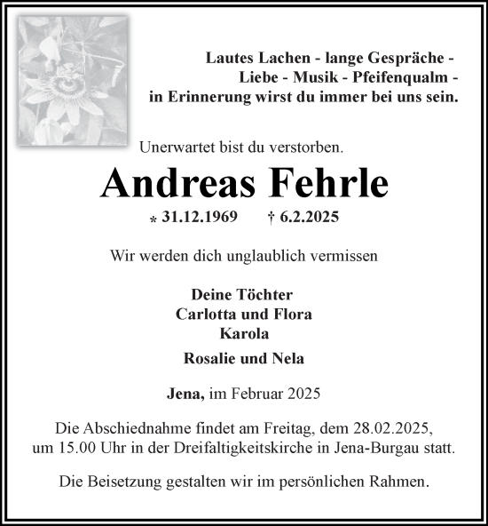 Traueranzeige von Andreas Fehrle von Ostthüringer Zeitung, Thüringische Landeszeitung