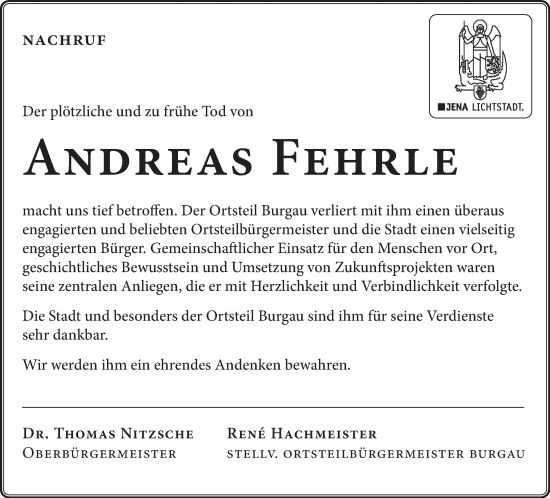 Traueranzeige von Andreas Fehrle von Ostthüringer Zeitung, Thüringische Landeszeitung