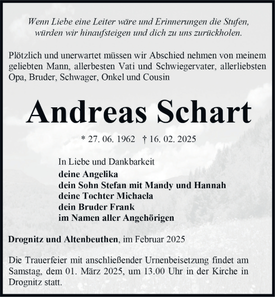 Traueranzeige von Andreas Schart von Ostthüringer Zeitung
