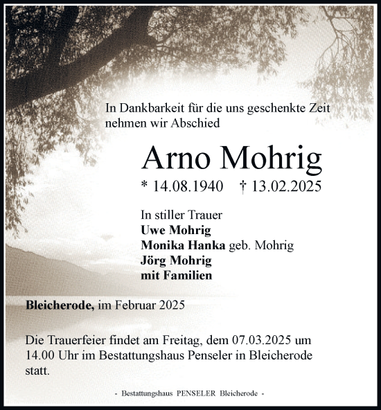 Traueranzeige von Arno Mohrig von Thüringer Allgemeine