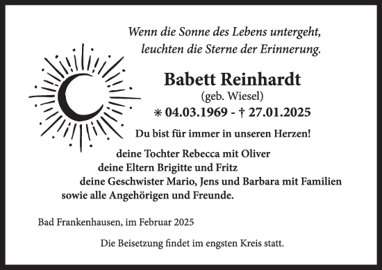 Traueranzeige von Babett Reinhardt von Thüringer Allgemeine