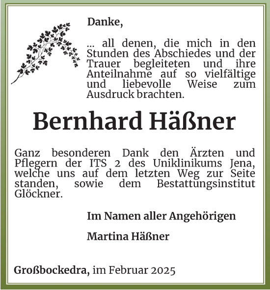 Traueranzeige von Bernhard Häßner von Ostthüringer Zeitung