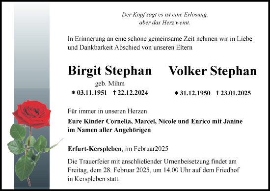 Traueranzeige von Birgit und Volker Stephan von Thüringer Allgemeine, Thüringische Landeszeitung