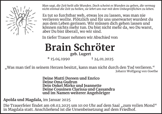 Traueranzeige von Brain Schröter von Thüringer Allgemeine