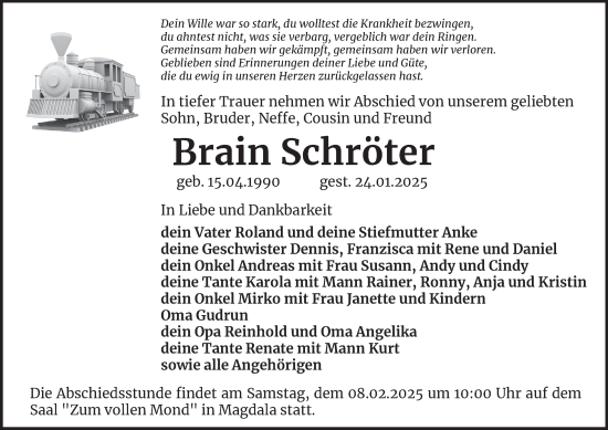 Traueranzeige von Brain Schröter von Thüringer Allgemeine, Thüringische Landeszeitung