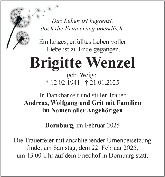 Traueranzeige von Brigitte Wenzel von Ostthüringer Zeitung, Thüringische Landeszeitung