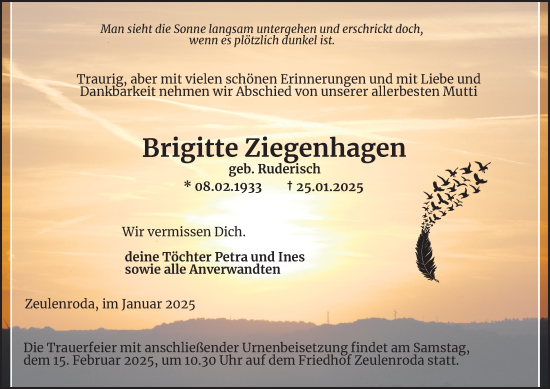 Traueranzeige von Brigitte Ziegenhagen von Ostthüringer Zeitung