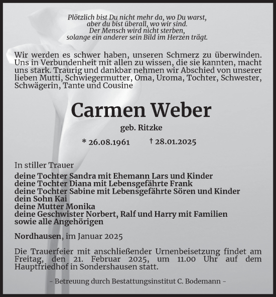 Traueranzeige von Carmen Weber von Thüringer Allgemeine