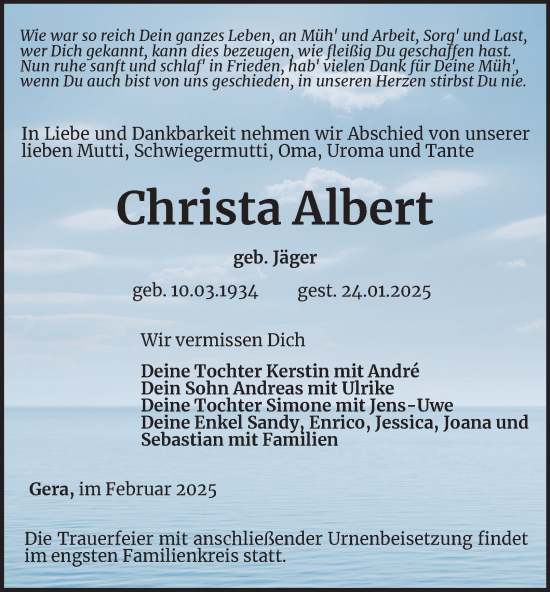 Traueranzeige von Christa Albert