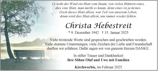 Traueranzeige von Christa Hebestreit von Thüringer Allgemeine
