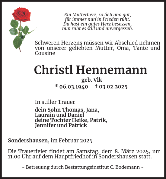 Traueranzeige von Christl Hennemann