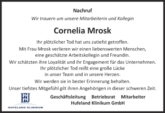Traueranzeige von Cornelia Mrosk von Thüringer Allgemeine, Thüringische Landeszeitung
