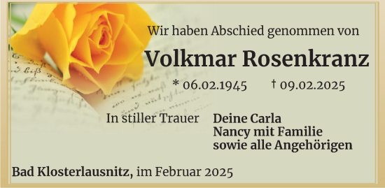 Traueranzeige von Volkmar Rosenkranz von OTZ
