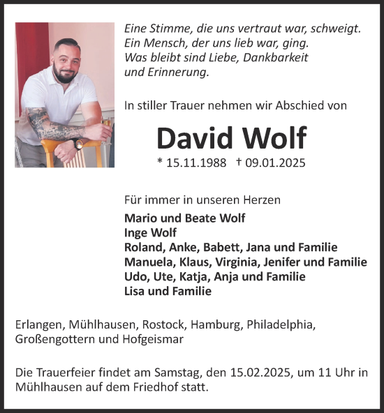 Traueranzeige von David Wolf von Thüringer Allgemeine, Thüringische Landeszeitung