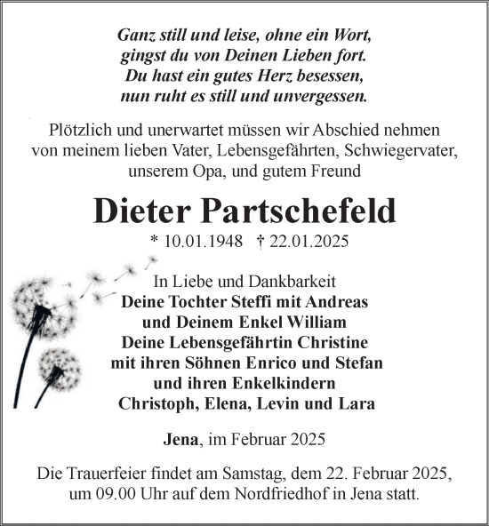 Traueranzeige von Dieter Partschefeld von Ostthüringer Zeitung, Thüringische Landeszeitung