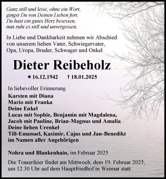 Traueranzeige von Dieter Reibeholz von Thüringer Allgemeine, Thüringische Landeszeitung