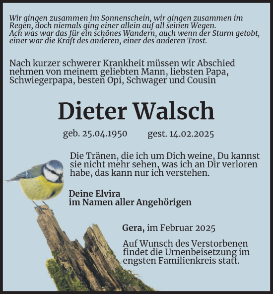 Traueranzeige von Dieter Walsch