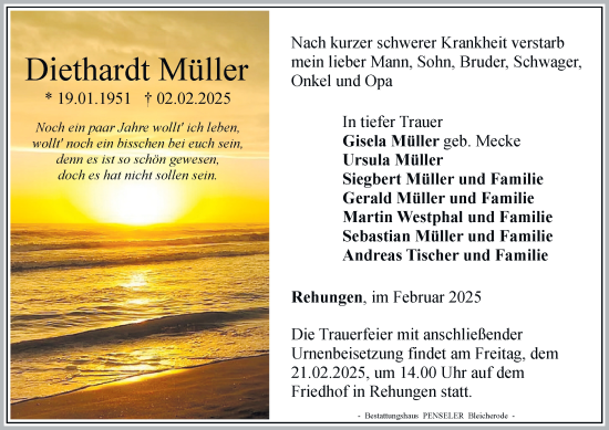 Traueranzeige von Diethardt Müller von Thüringer Allgemeine