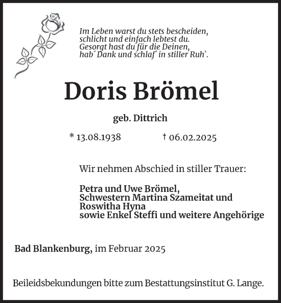 Traueranzeige von Doris Brömel von Ostthüringer Zeitung