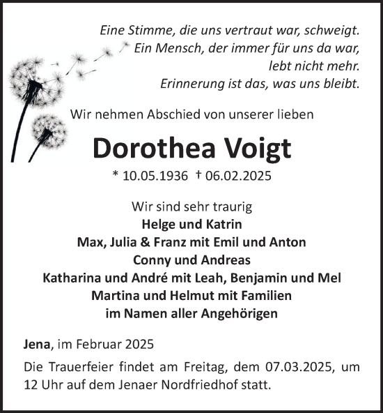 Traueranzeige von Dorothea Voigt von Ostthüringer Zeitung, Thüringische Landeszeitung