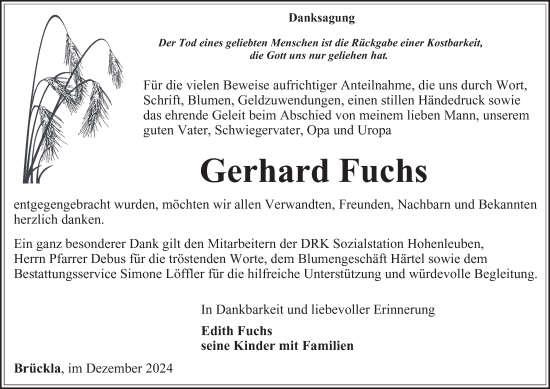 Traueranzeige von Gerhard Fuchs von Thüringer Allgemeine