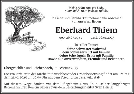 Traueranzeige von Eberhard Thiem von Ostthüringer Zeitung