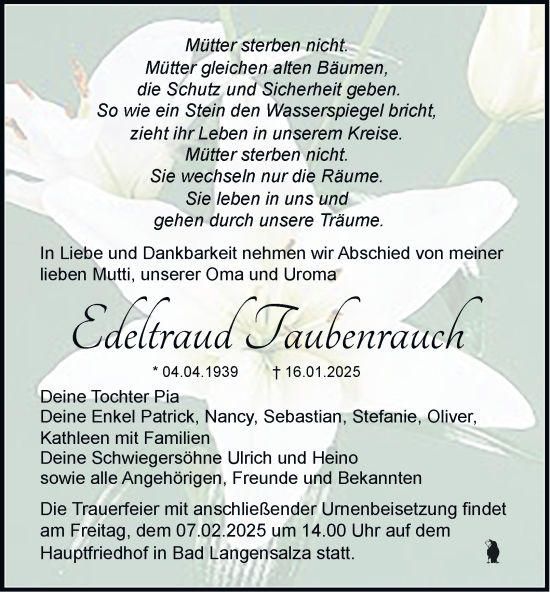 Traueranzeige von Edeltraud Taubenrauch von Thüringer Allgemeine, Thüringische Landeszeitung
