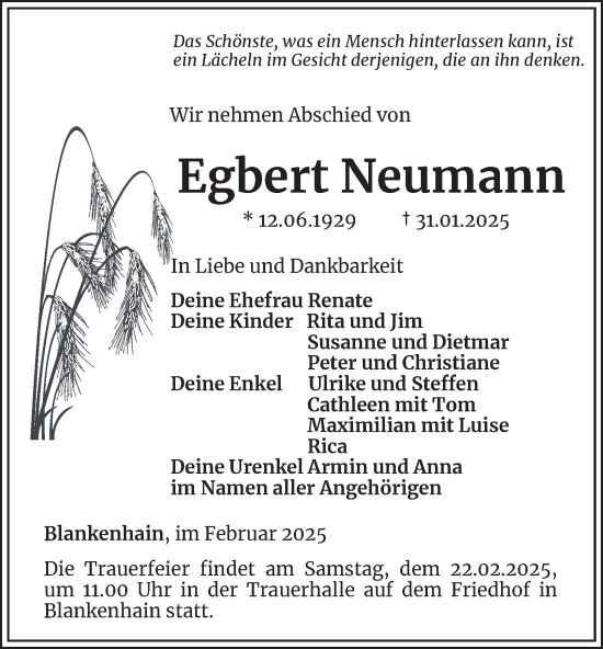 Traueranzeige von Egbert Neumann von Thüringer Allgemeine, Thüringische Landeszeitung