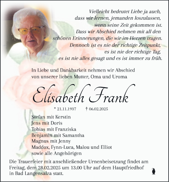 Traueranzeige von Elisabeth Frank von Thüringer Allgemeine, Thüringische Landeszeitung