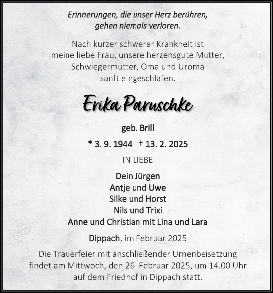 Traueranzeige von Erika Paruschke von Thüringer Allgemeine, Thüringische Landeszeitung