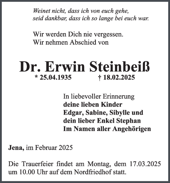 Traueranzeige von Erwin Steinbeiß von Ostthüringer Zeitung, Thüringische Landeszeitung