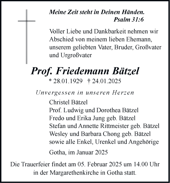 Traueranzeige von Friedemann Bätzel von Thüringer Allgemeine, Thüringische Landeszeitung